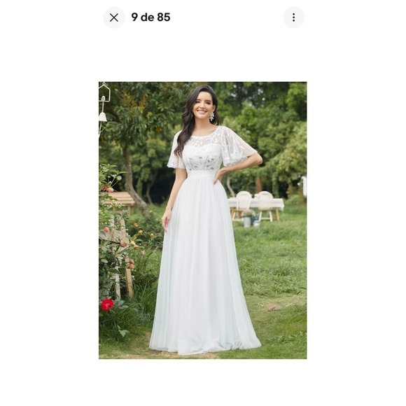 Women's White Sequin A-Line Evening Gown – Short Sleeve, Formal Long Dress, M(6) - Picture 1 of 14